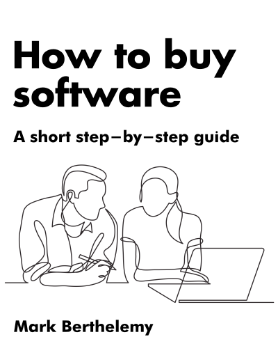 How to buy software book cover with line drawing of two people talking by a laptop