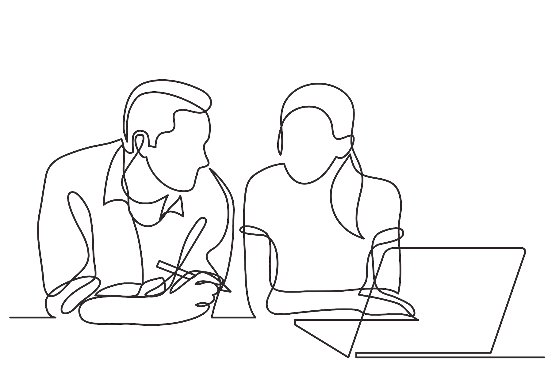 Line drawing of two people talking by a laptop